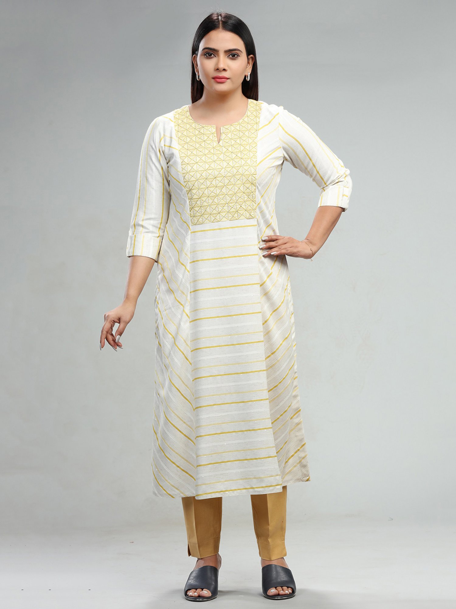 Cotton Culture Cream & Yellow Embroidered A Line Kurta