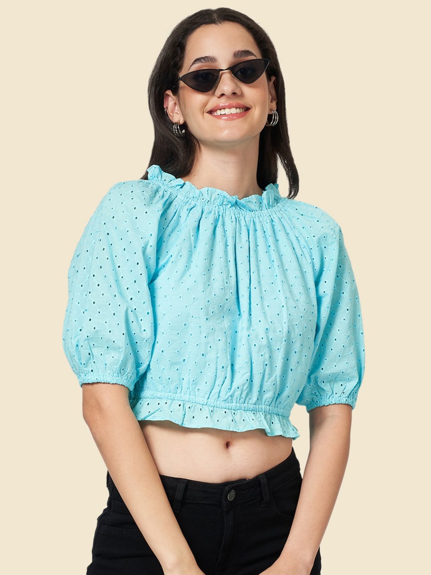 YU by Pantaloons Aqua Blue Cotton Self Pattern Crop Top