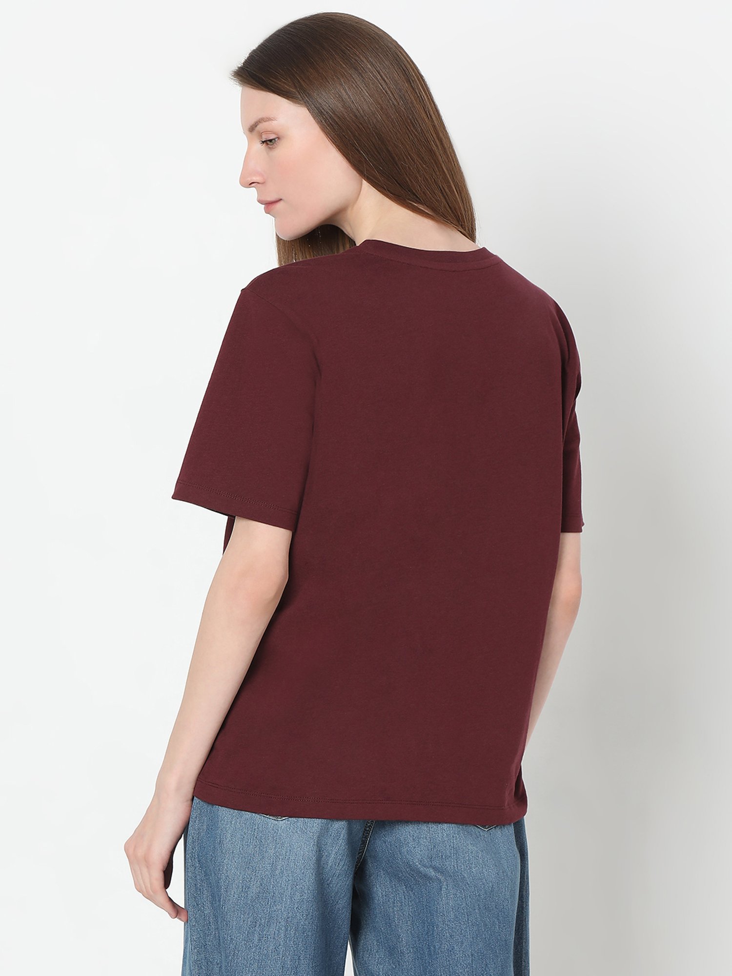 Vero Moda Wine Cotton Embroidered T-Shirt