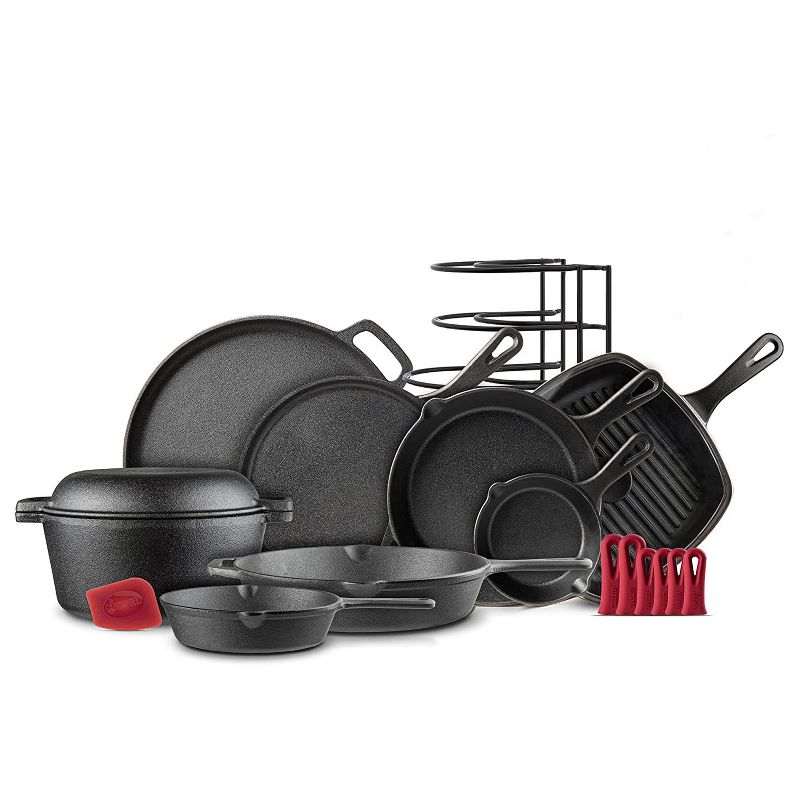 Cuisinel Chefs Essential 11 Piece Cast Iron Pot, Pan, & Griddle Nonstick Kitchen Cookware Set w/ Rack Organizer, 6 Silicone Hot Pan Holders, & Lid