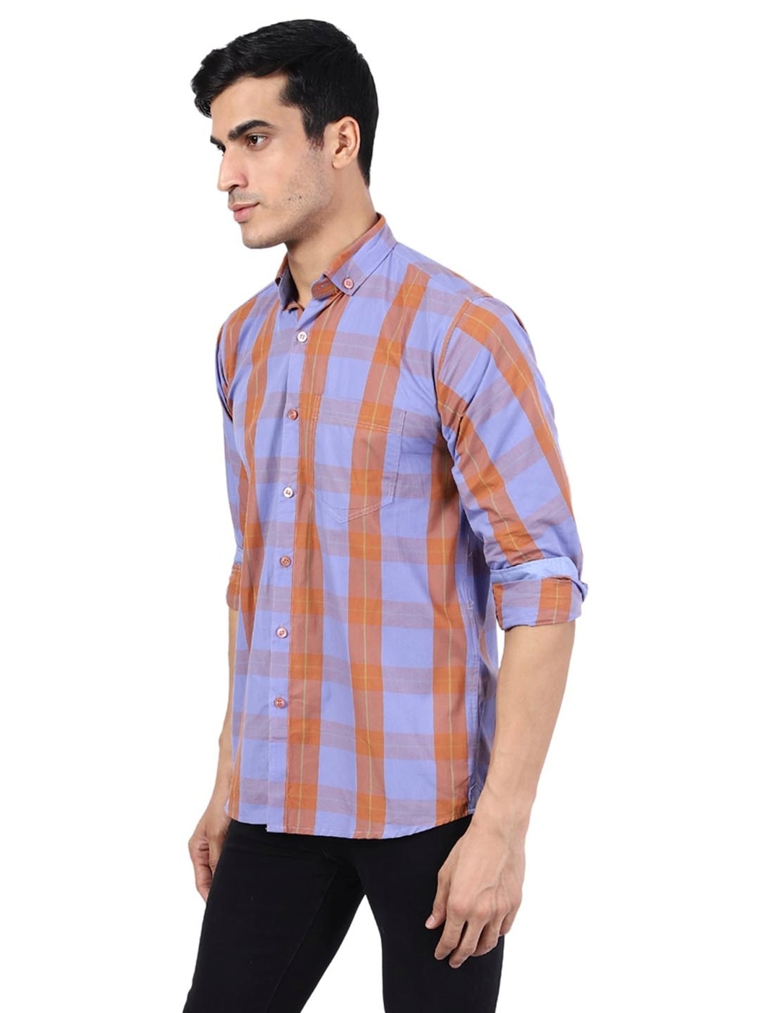 TAHVO Purple & Orange Cotton Slim Fit Checks Shirt