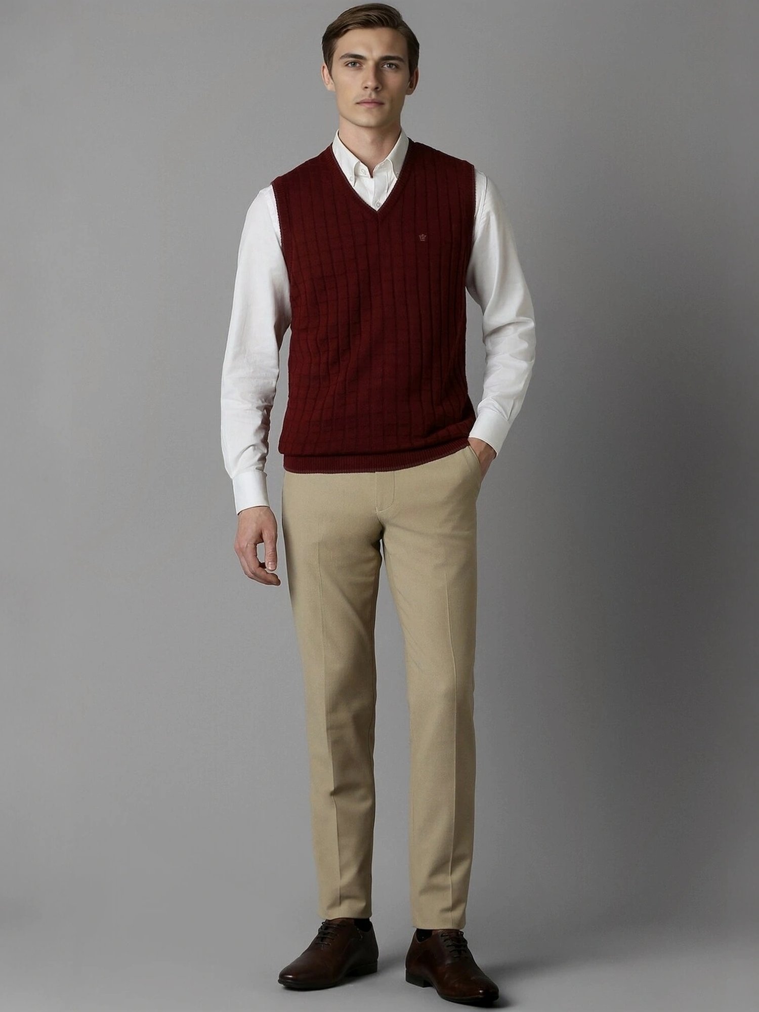 Louis Philippe Maroon Regular Fit Checks Sweater