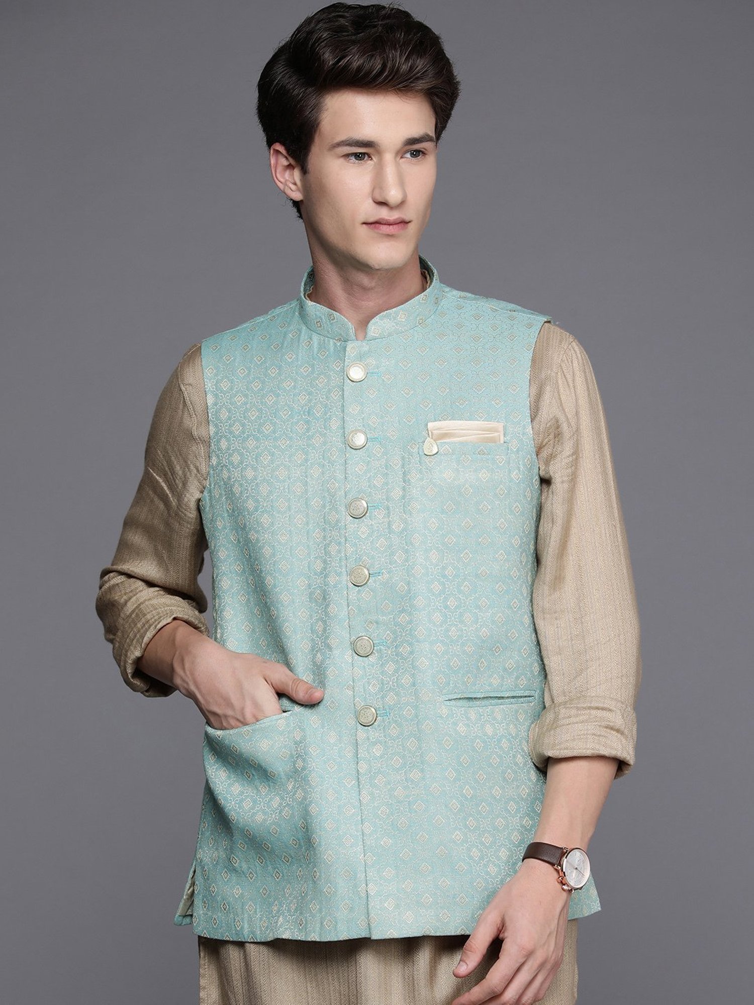 Manyavar Turquoise Regular Fit Self Design Nehru Jacket