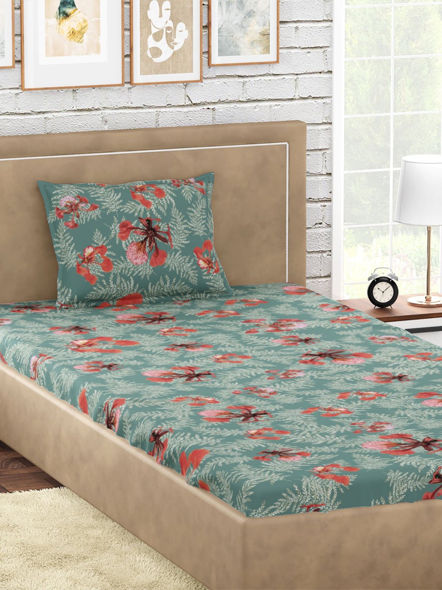 Petal Home Poinciana Floral Teal Green 300 TC Cotton Single Bed Sheet with 1 Pillow Cover