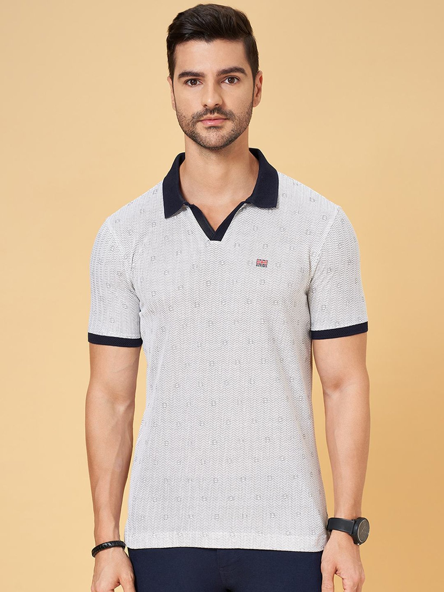 Byford By Pantaloons Navy Slim Fit Printed Polo T-Shirt