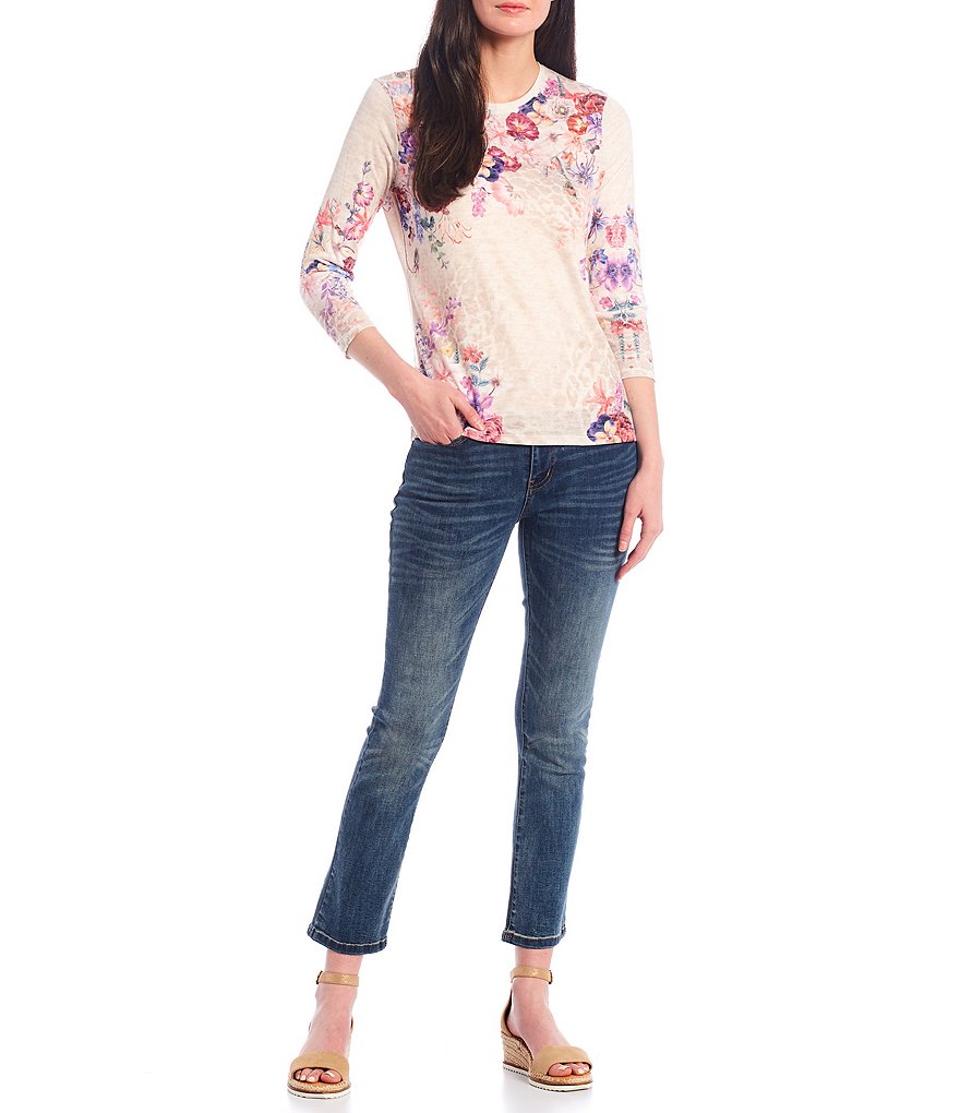 Reba Crystal Embellished 3/4 Sleeve Mixed Print Burnout Jersey Knit Tee