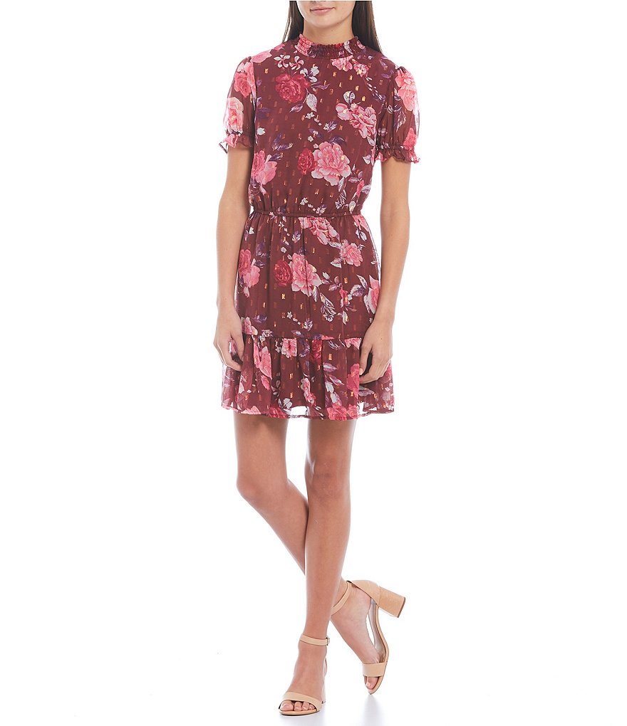 Midnight Doll Short Sleeve Mock Neck Smocked Floral Dress