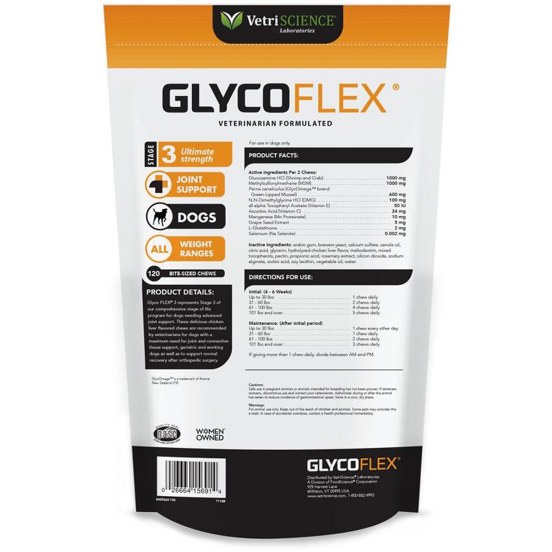VetriScience Laboratories GlycoFlex Stage 3, Hip and Joint Supplement for Dogs, 120 Chewable Tablets