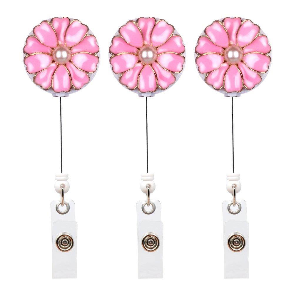 Qinsuee Retractable Badge Holder, ID Badge Reel with Pearl, 3 Pack (Pink)