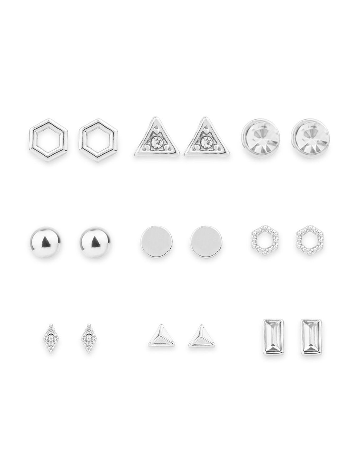 ToniQ Silver Plated Geometric Stud Earrings Combo For Women - Set of 9
