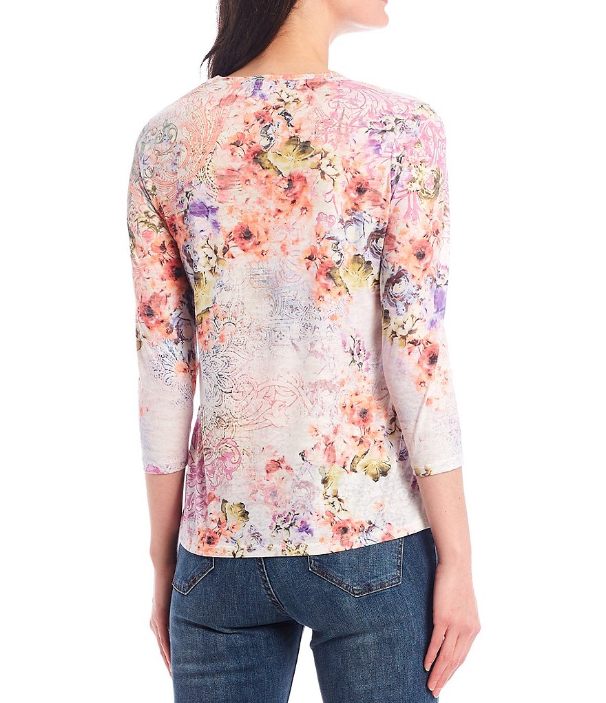 Reba Crystal Embellished Multi Floral Print 3/4 Sleeve Burnout Jersey Knit Tee