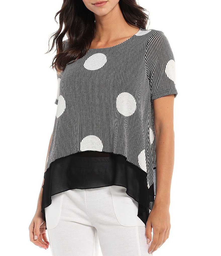 Ali Miles Petite Size Circles & Stripe Print Knit Jewel Neck Short Sleeve Chiffon Hem Tunic