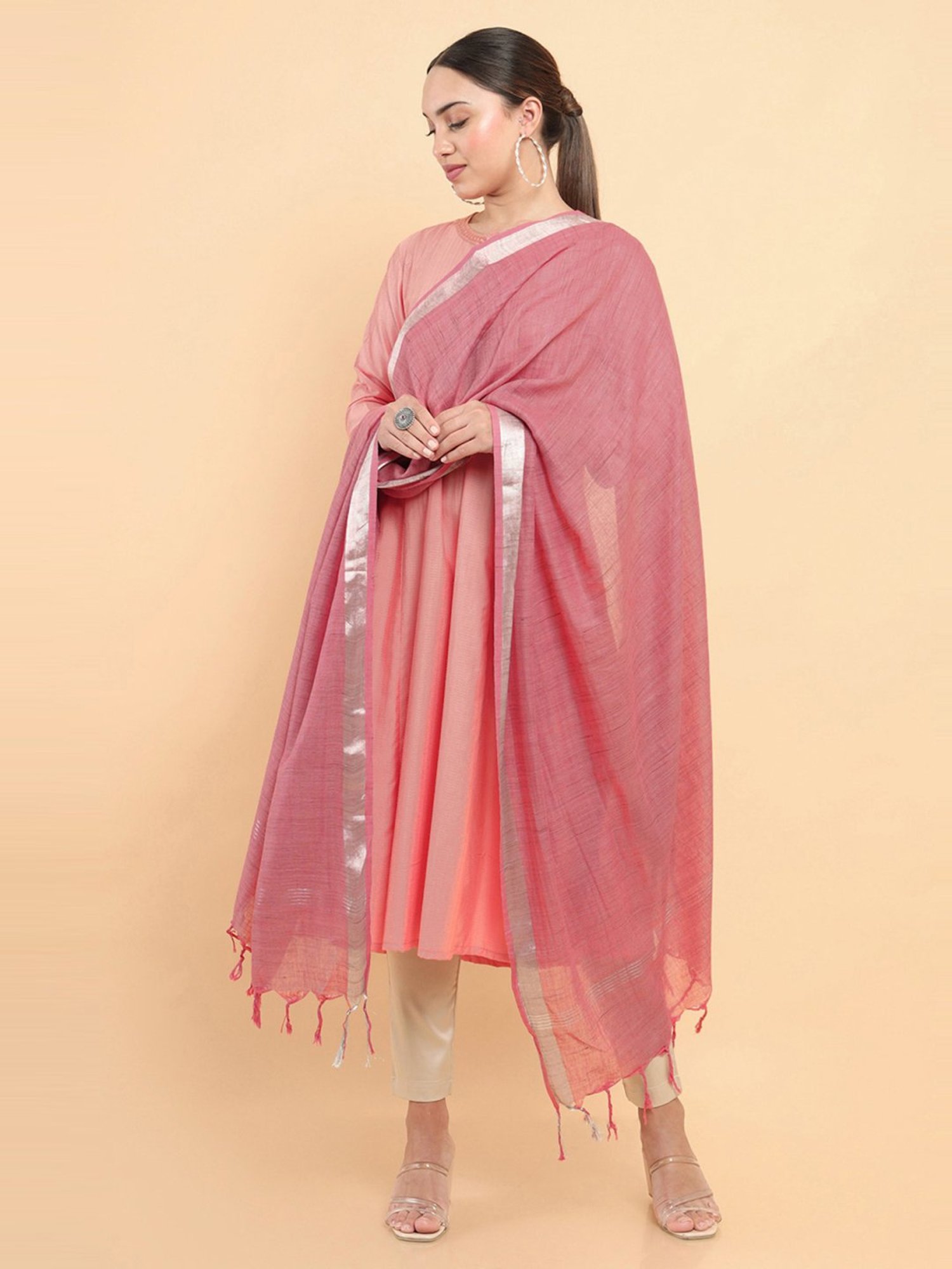 Soch Peach Cotton Plain Dupatta