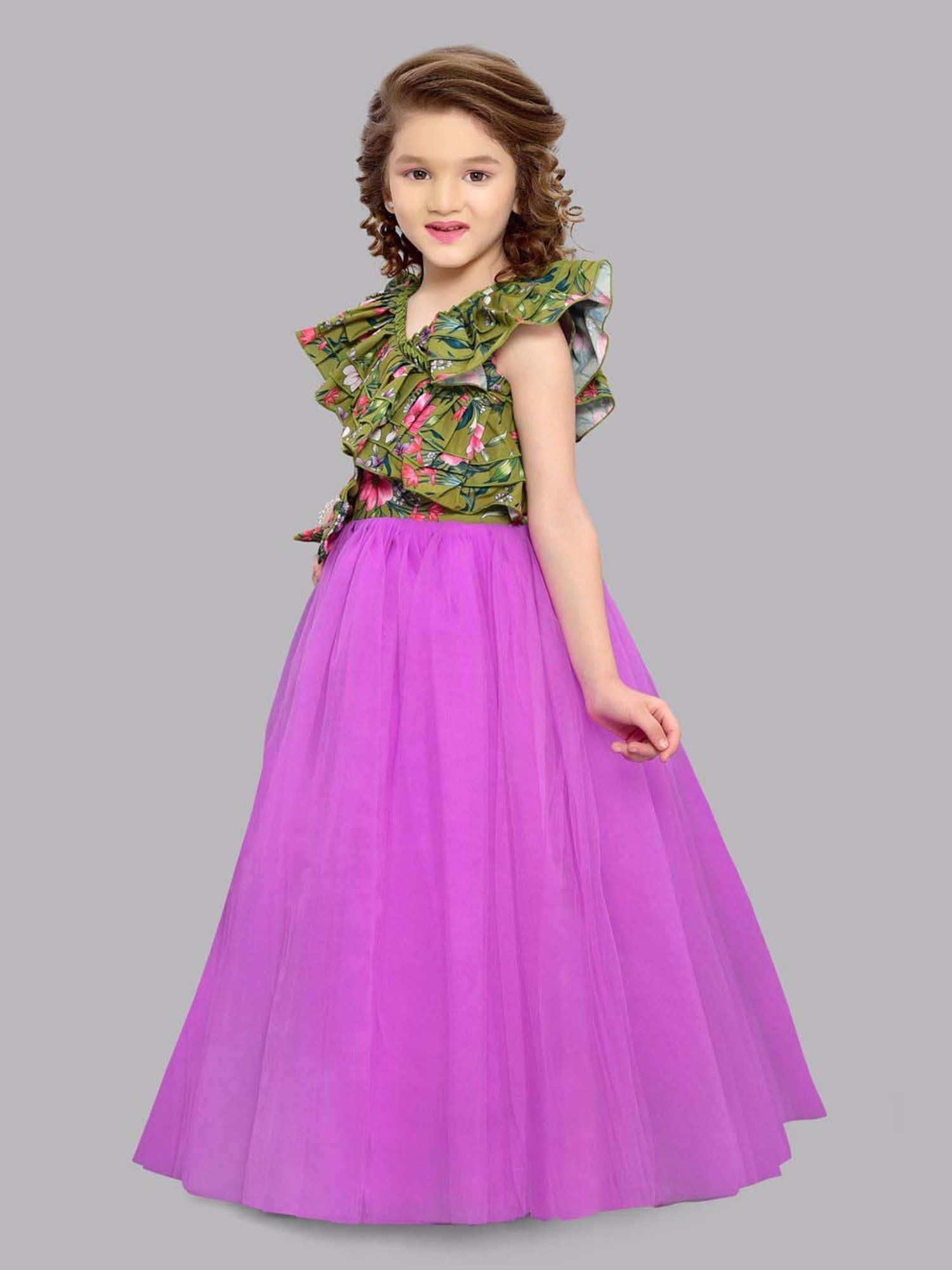 Pink Chick Kids Green & Pink Floral Party Gowns