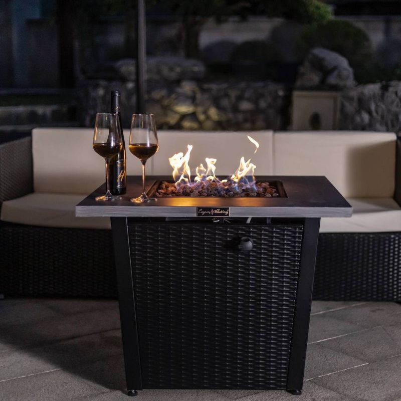 Square Fire Pit With Gray Brushing Table Top and Steel Wicker Base 32" - Legacy Heating