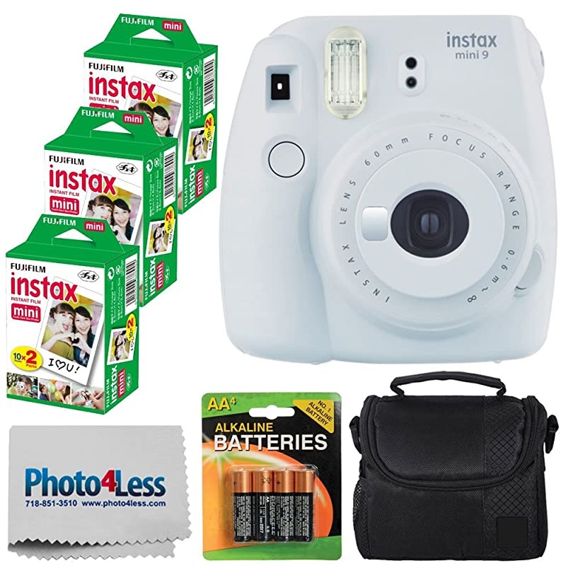 instax Mini 9 Instant Film Camera  Instax Mini Film 60 Shots + Compact Camera Case + 4 AA Batteries + Photo4Less Cleaning Cloth Accessory Bundle Film Bundle Smokey White