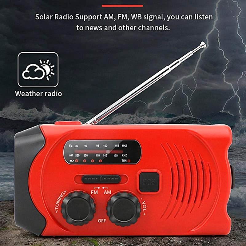 Weather Emergency AMFM Radio for Solar Hand Crank Self Powered Portable Radio with LED Survival FlashlightSOS Alarm2000mAh Power Bank Cell Phone ChargerRed