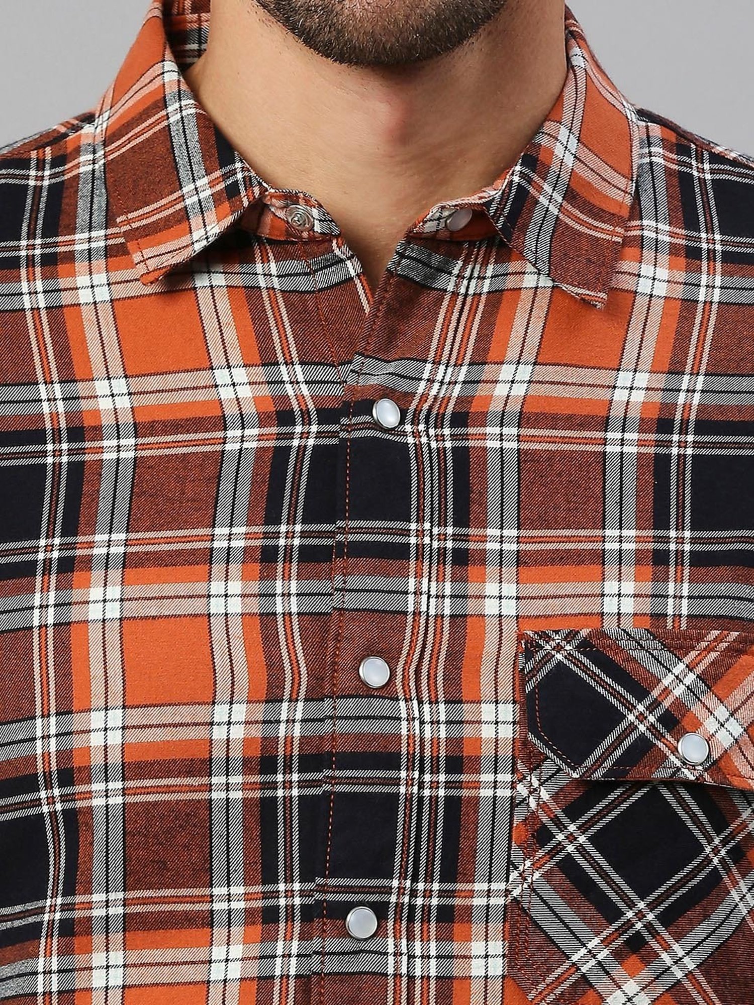 SOLEMIO Orange Slim Fit Check Cotton Shirt