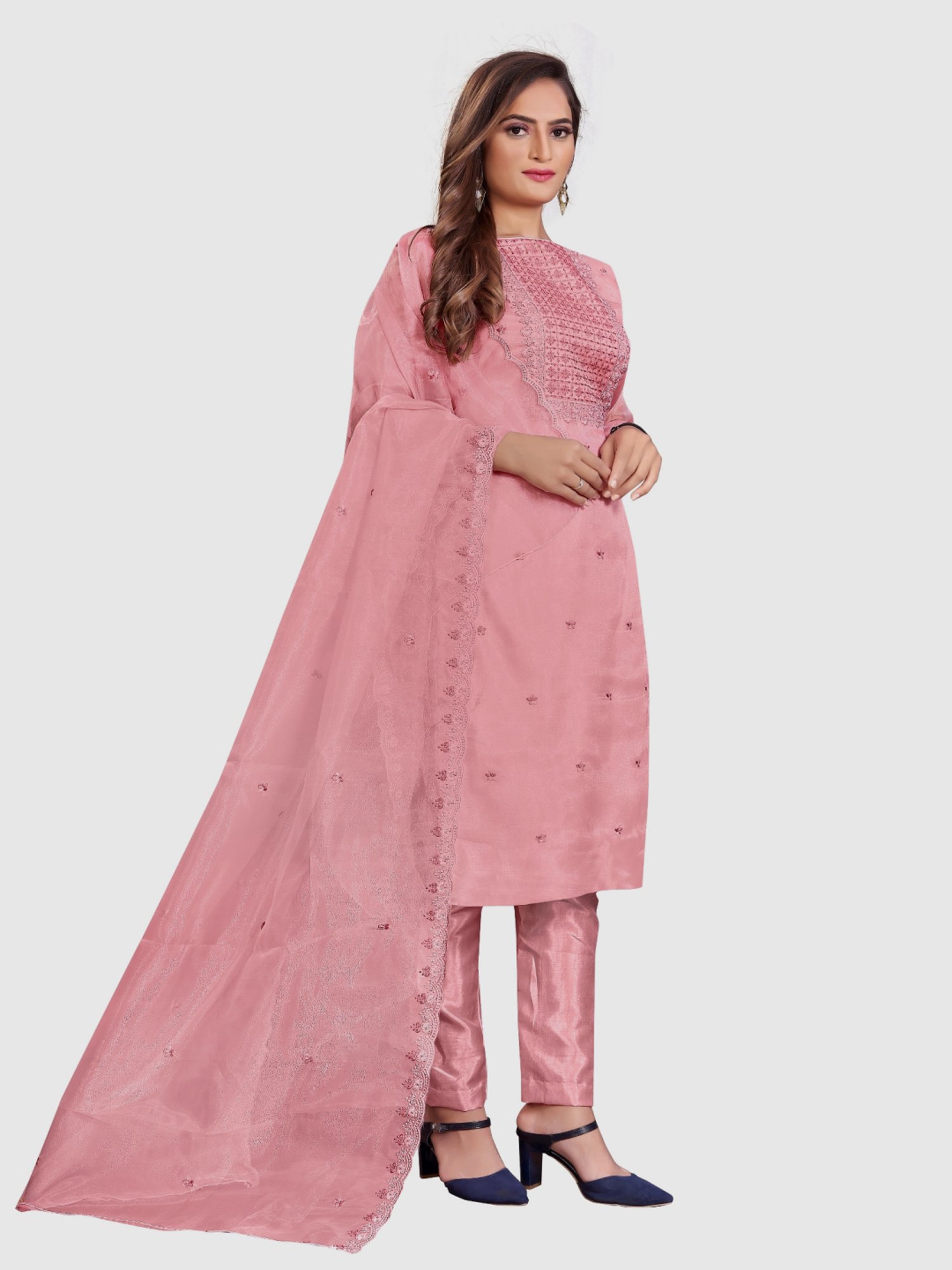 APNISHA Pink Embroidered Unstitched Dress Material