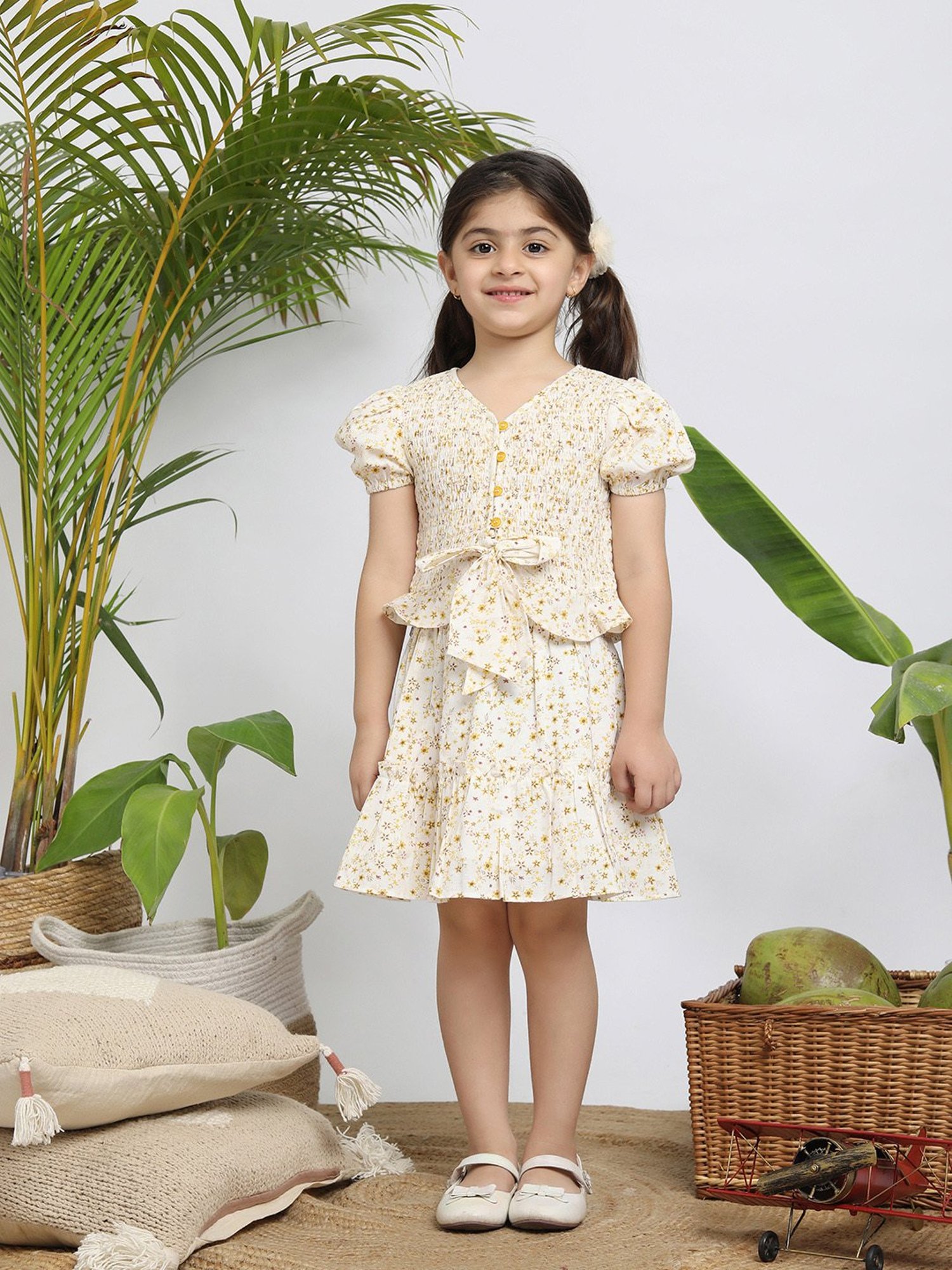 Budding Bees Kids Cream & Yellow Floral Print Top with Skirt
