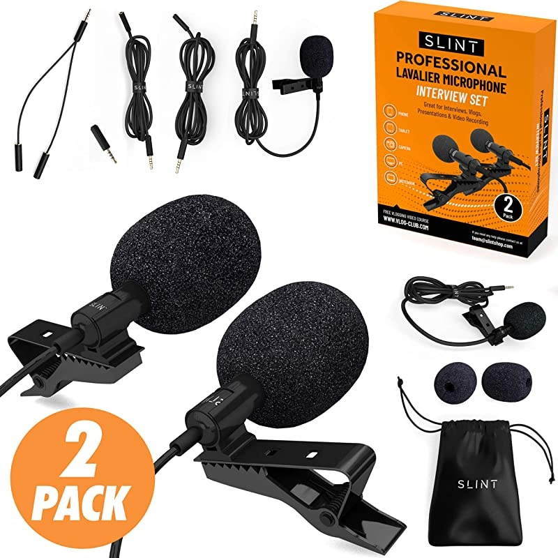 Lapel Microphone 2 Pack Bundle Professional Omnidirectional Mic with Clipon Lapel Mic Compatible with iPhone Samsung Android GoPro DSLR Lapel Microphone for YouTube