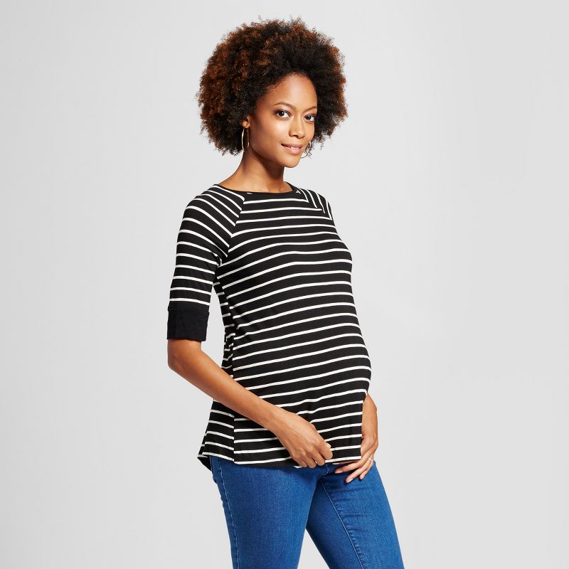 Maternity Elbow Sleeve Split Back Top - MaCherie - Black/Ivory L