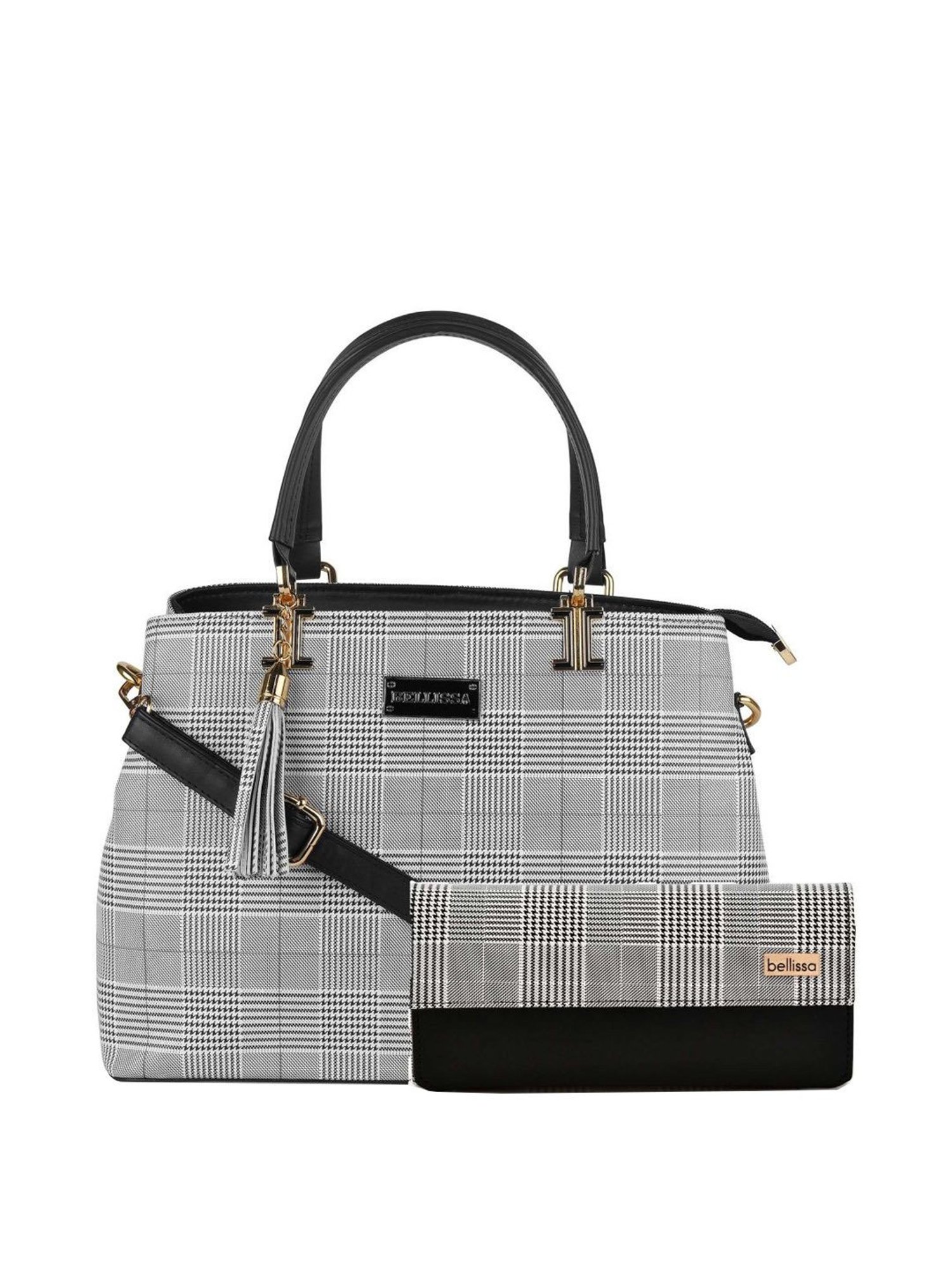 Bellissa Black Checks Medium Handbag with Wallet Combo