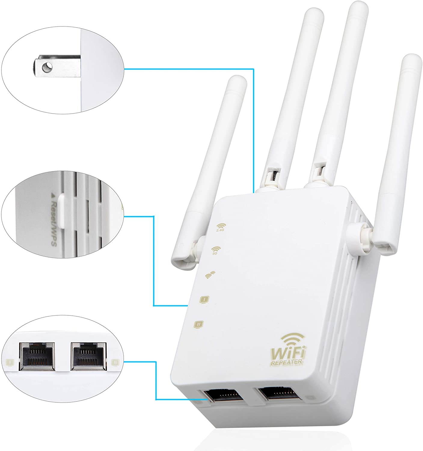 WiFi Extender,1200Mbps WiFi Repeater Wireless Signal Booster 2.4 & 5GHz Dual Band WiFi Extender 2 Ethernet Ports&with 4 External Antennas 360 Degree Full Coverage WiFi Range Extender Repeater (White)