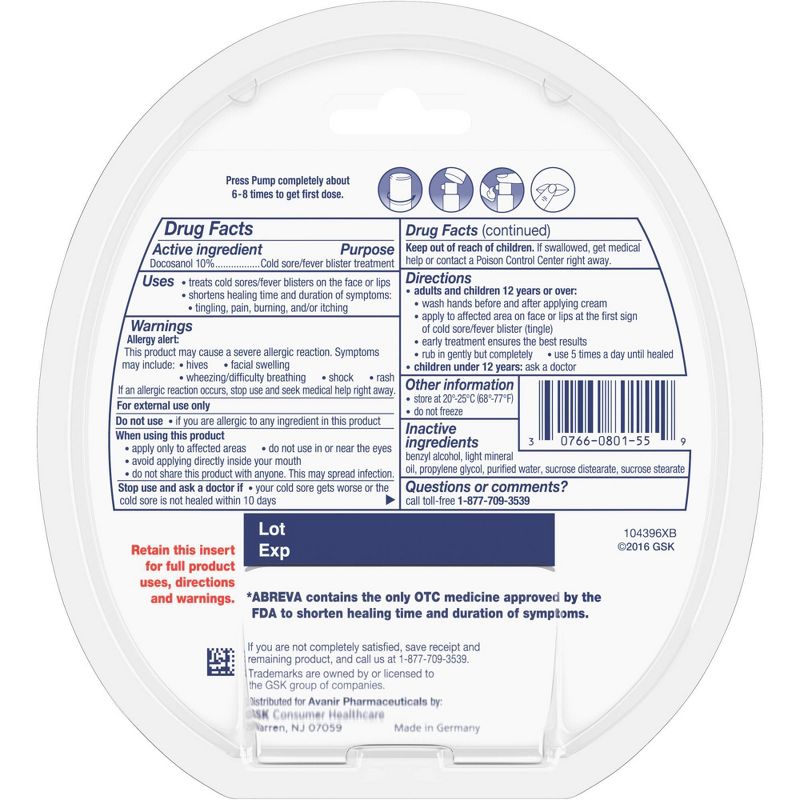 Abreva Docosanol 10% Cream Cold Sore/Fever Blister Treatment Pump - 0.07oz