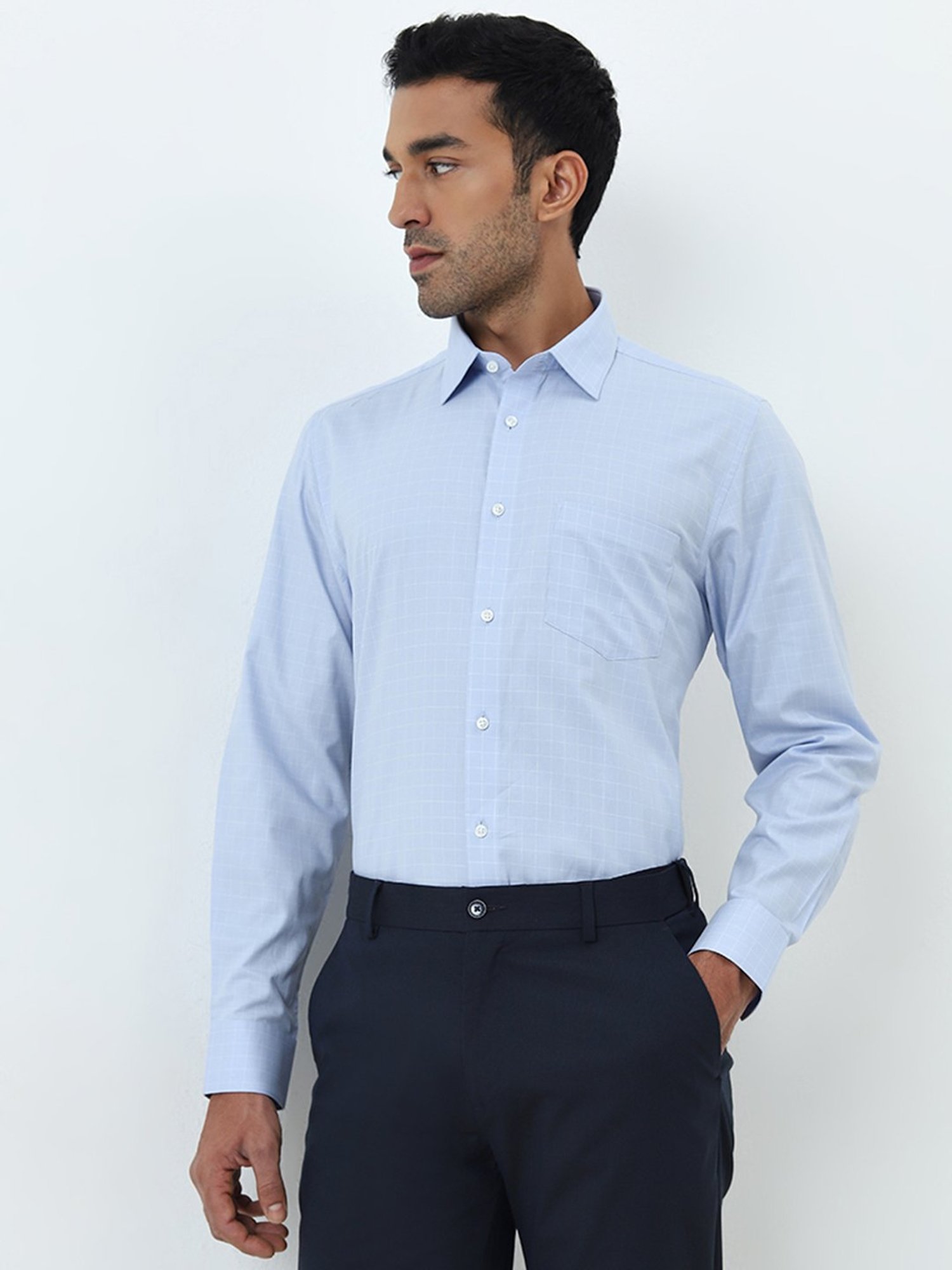 WES Formals by Westside Blue Checkered Slim-Fit Cotton Shirt