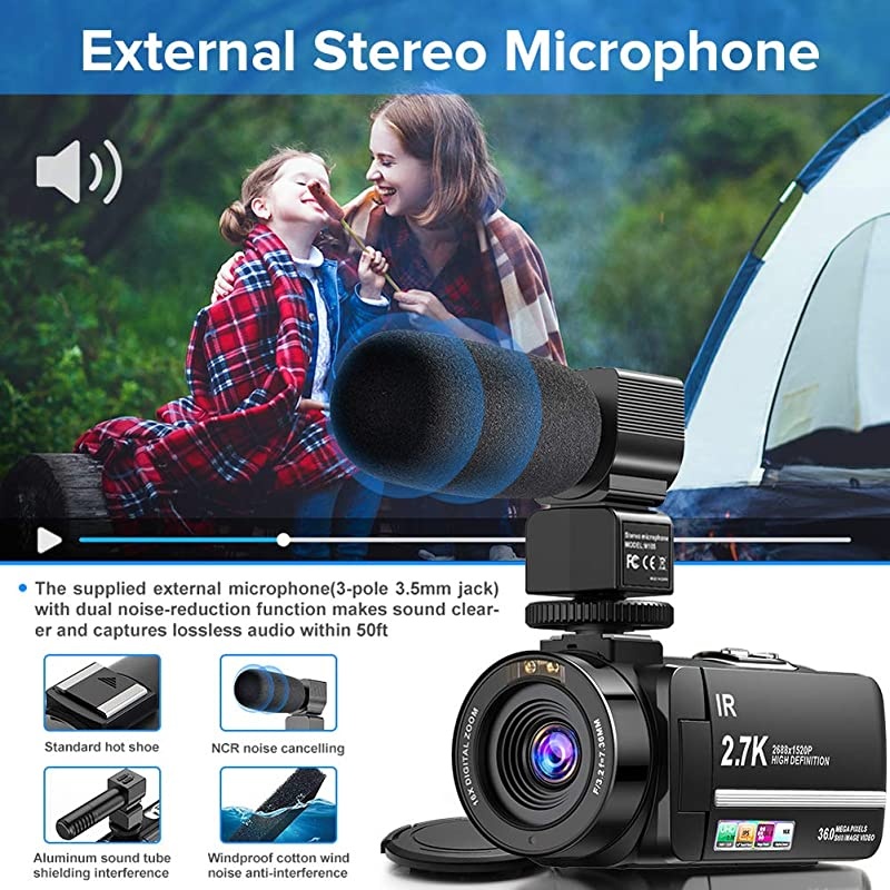 Camera Camcorder 27K Ultra HD YouTube Vlogging Camera 36MP IR Night Vision Digital Camera Recorder 16X Digital Zoom 3 inch IPS Touch Screen Camcorder with Microphone Handheld Stabilizer