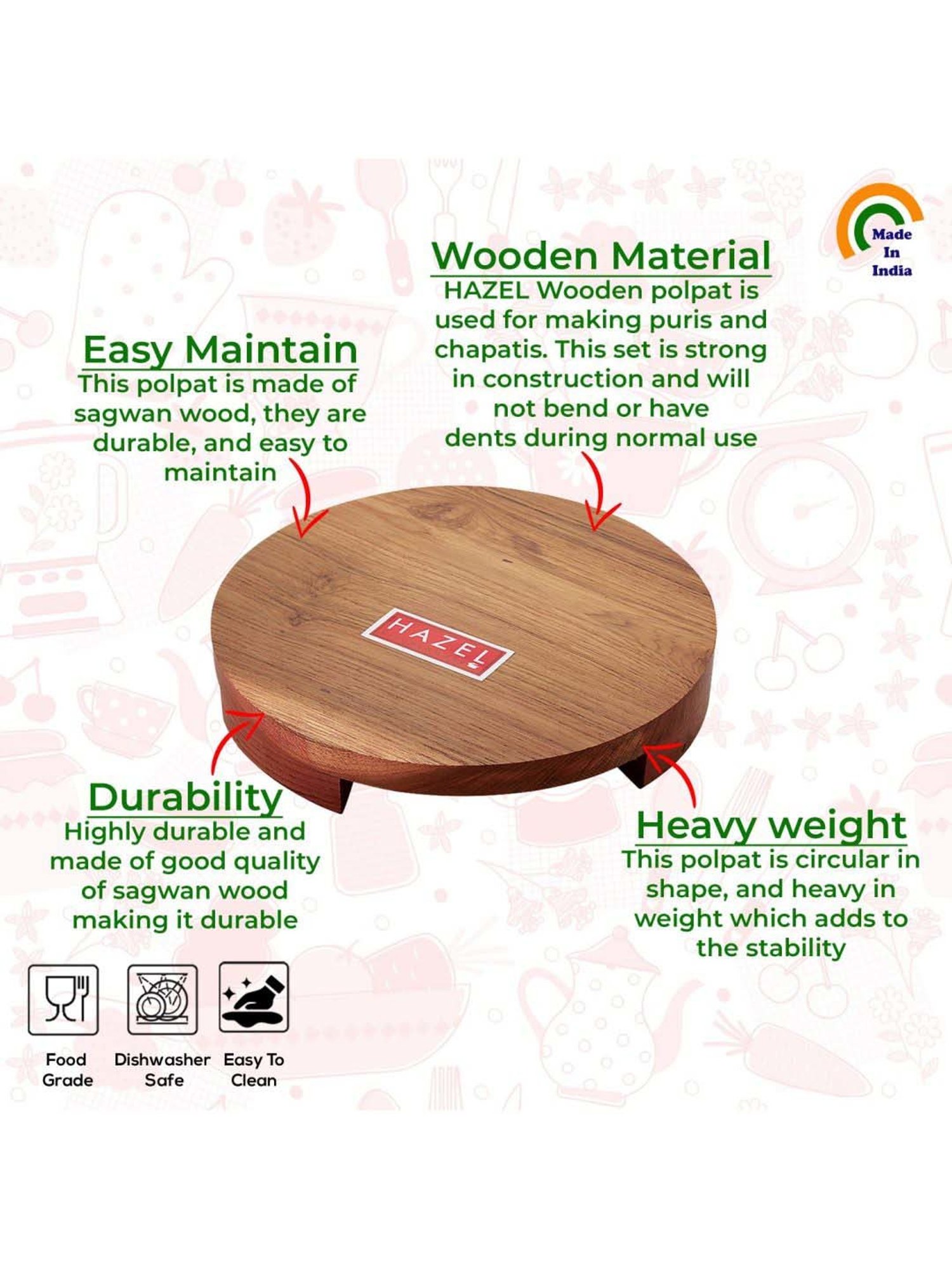 HAZEL Brown Wood 24 cm Plopat Sagwan Chakla With Roti Roller Combo