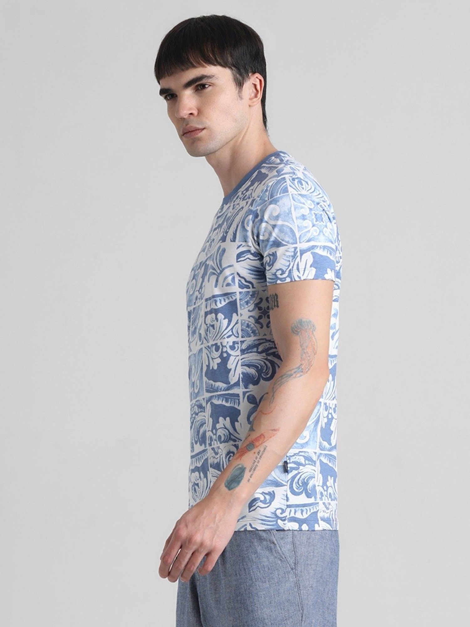 Jack & Jones Blue Ashes Cotton Slim Fit Printed T-Shirt