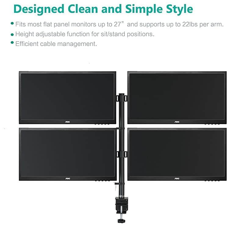 Quad LCD Monitor Desk Mount Fully Adjustable Stand Fits 4 Screens up to 27 inch, 22 lbs. Weight Capacity per Arm (M004), Black