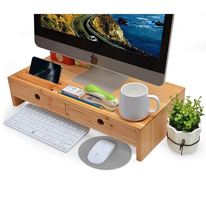 Monitor Stand Desk Organizer &ndash; Assembled Green Wood Screen Laptop Printer Riser with Drawers 22.05L 10.60W 4.70H Inch