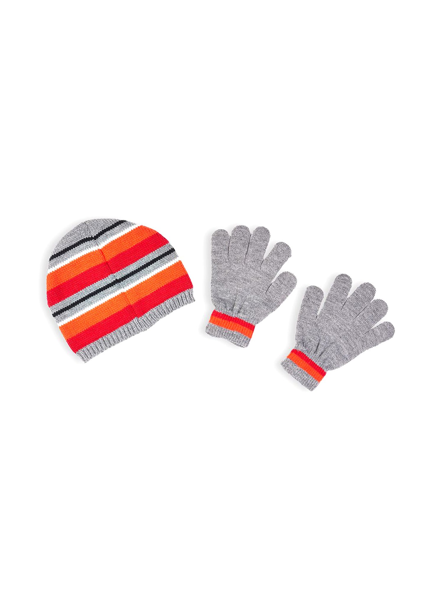Pantaloons Junior Grey Striped Beanies & Gloves Set