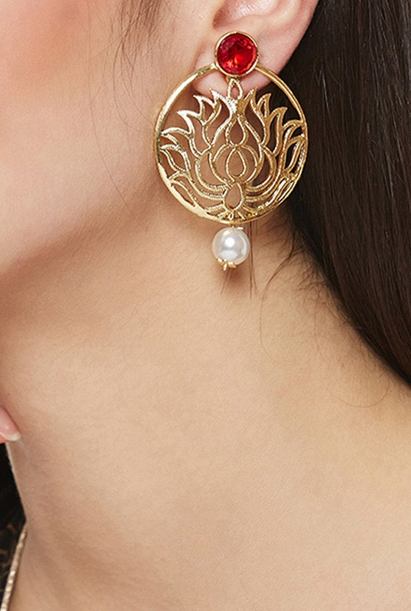 Panash Red & Golden Copper Cutout Drop Earrings