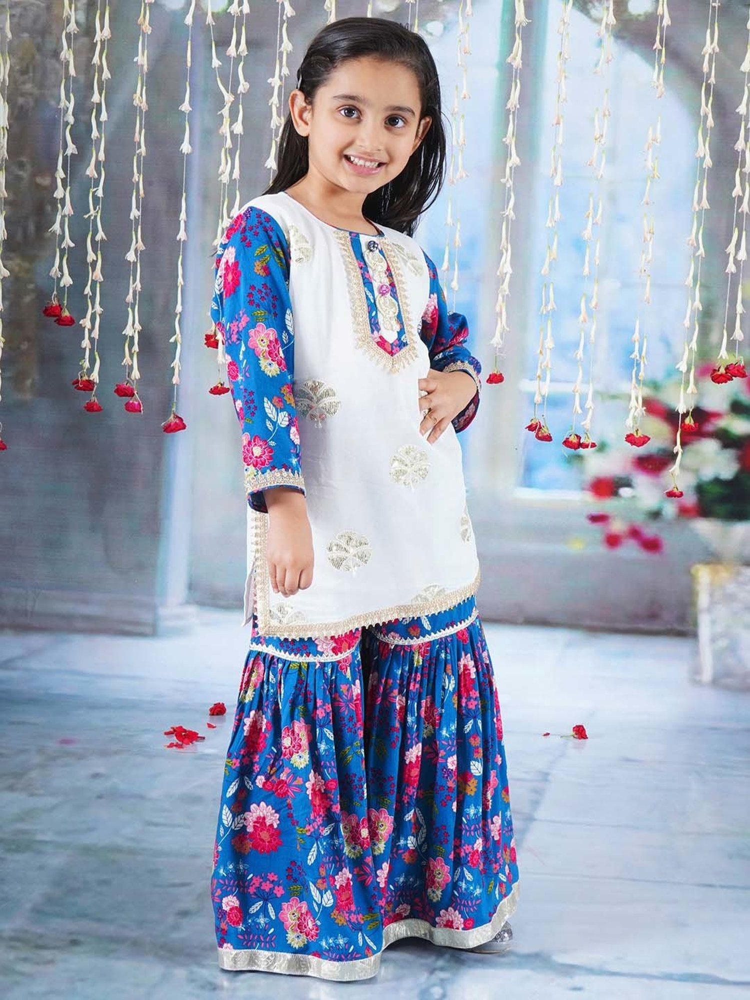 Little Bansi White & Blue Cotton Floral Print Full Sleeves Kurta Set
