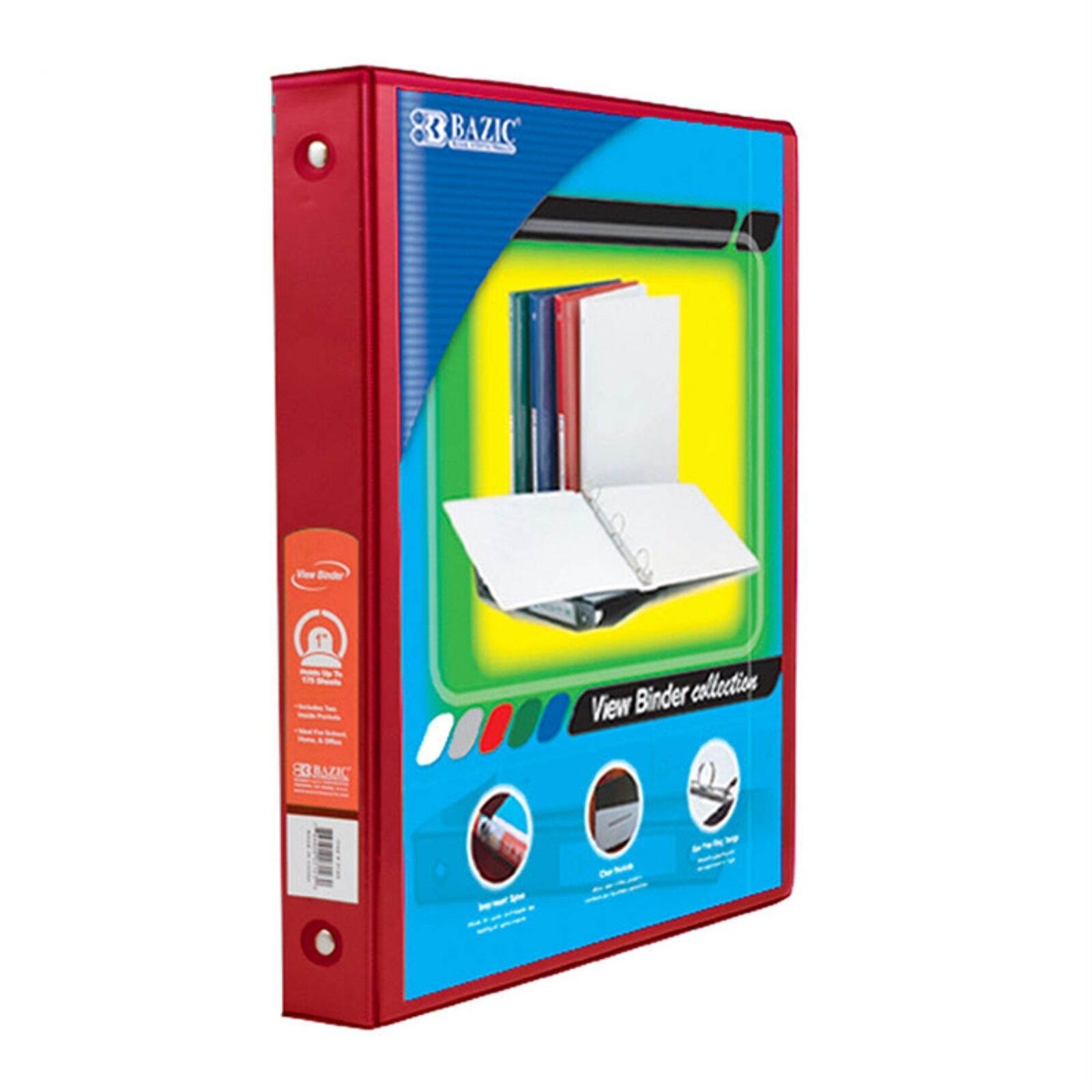 BAZIC 3-Ring View Binder with 2 Pockets, 1", Red