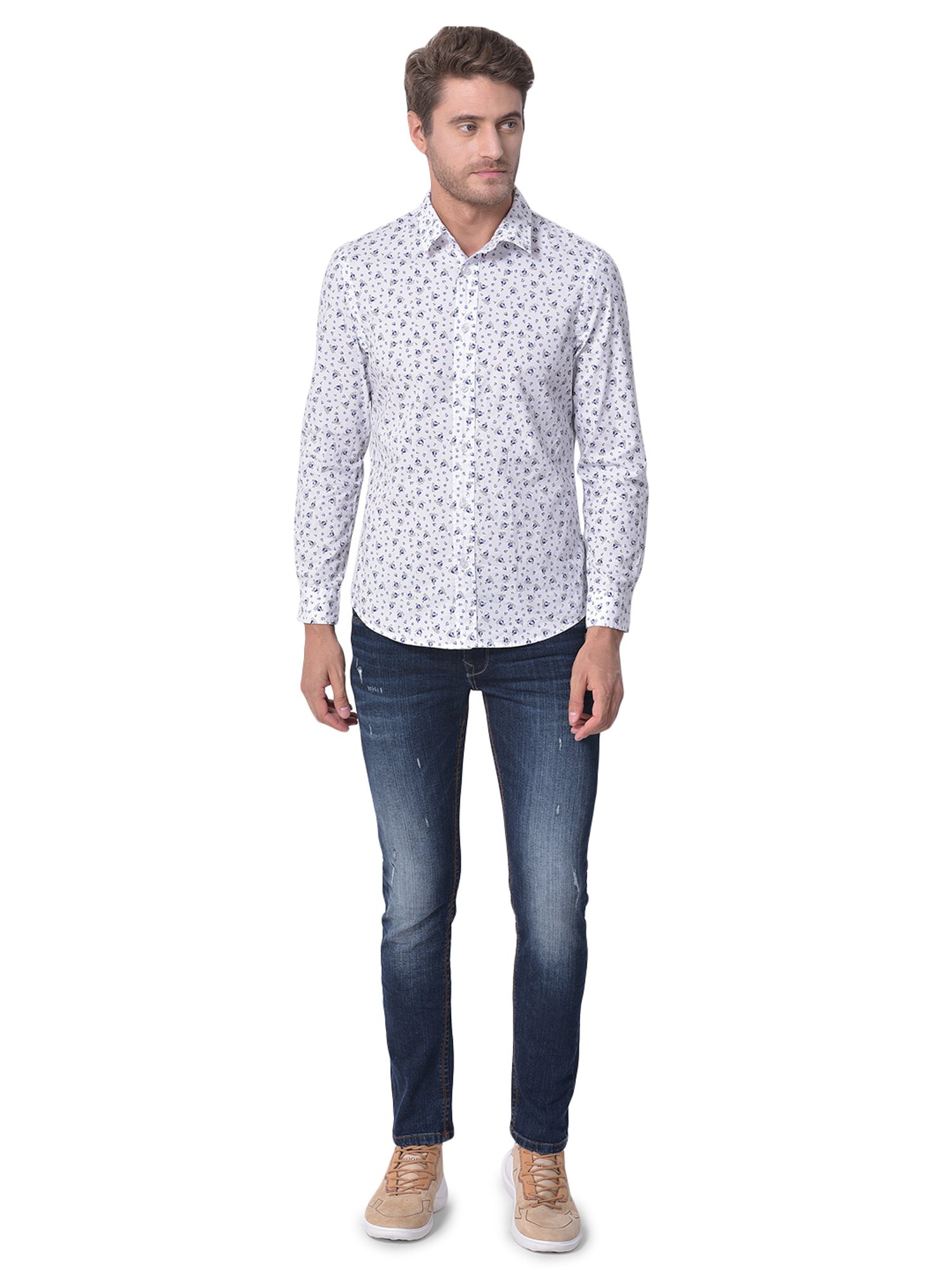 Woodland White Regular Fit Printed Cotton Shirt
