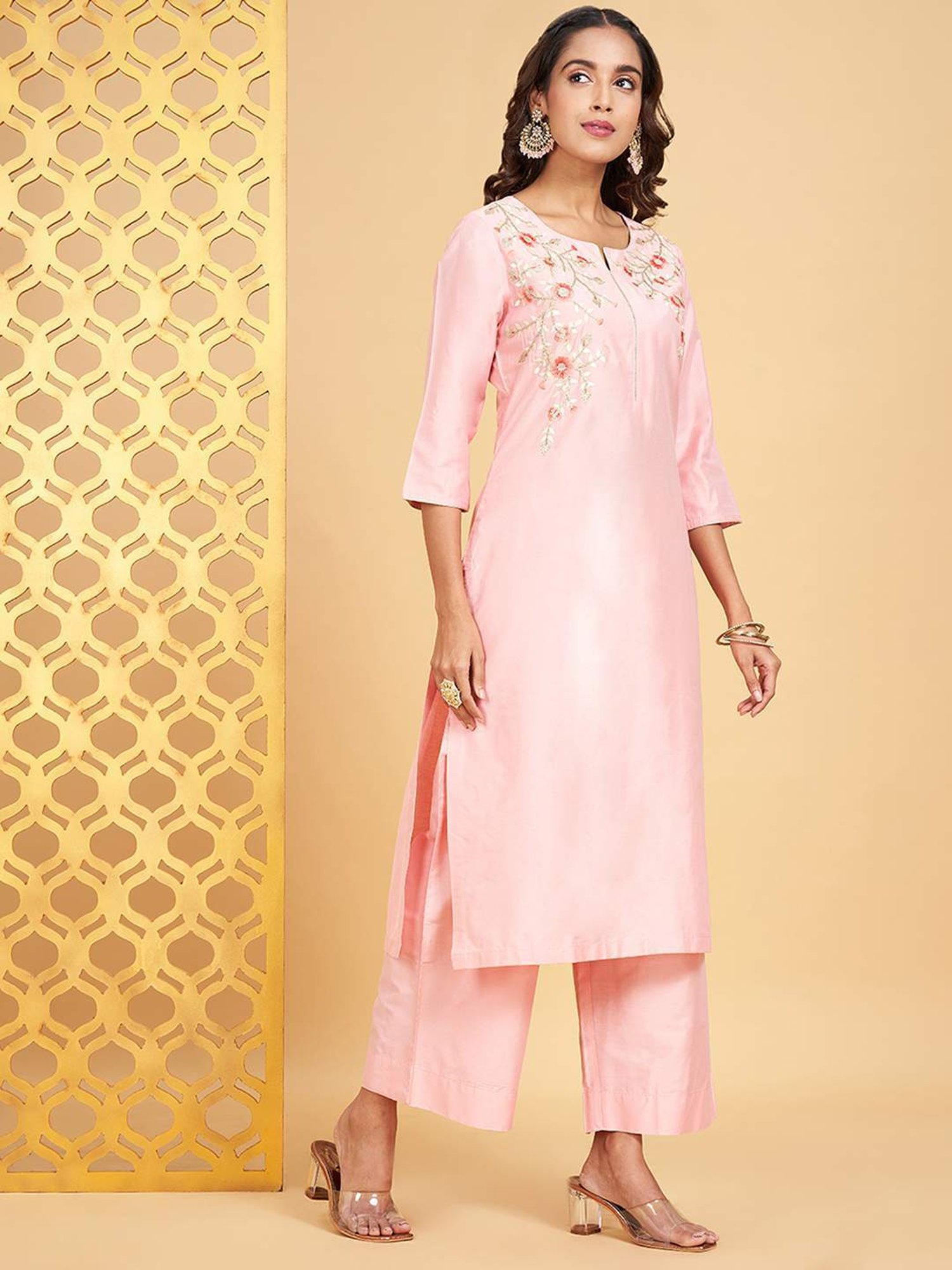 Rangmanch by Pantaloons Baby Pink Embroidered Kurta Palazzo Set With Dupatta