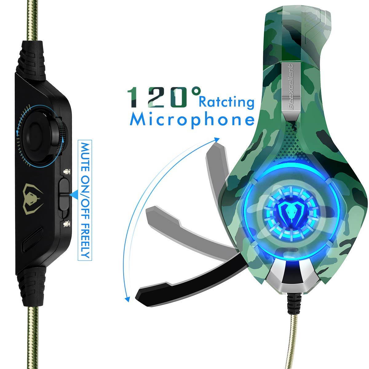 Beexcellent GM-1  Gaming Headset for PS4 Xbox One PC Gaming Headphone with Crystal Stereo Bass Surround Sound, LED Lights & Noise-Isolation Microphone