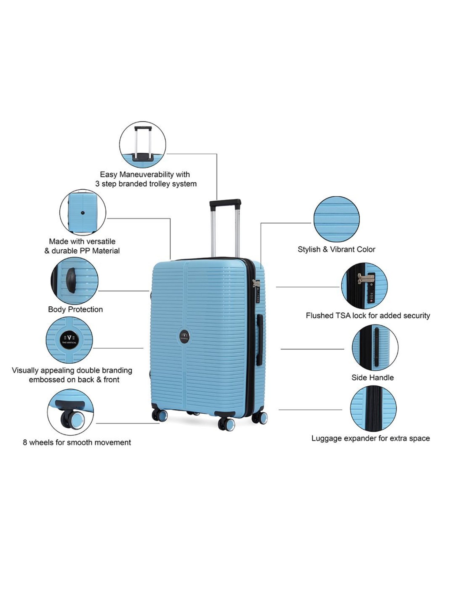 The Vertical Stellar Blue Wheels 8 Large Hard Cabin Trolley Bag