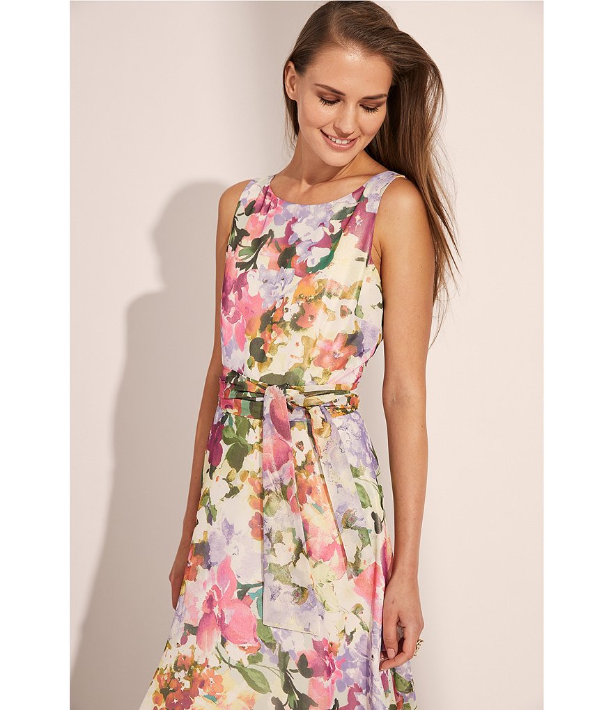 Tahari ASL Floral Foiled Chiffon Sleeveless Dress