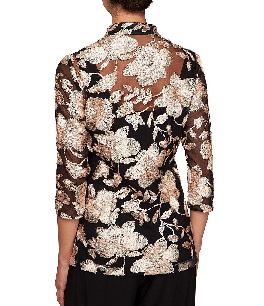 Alex Evenings Floral Print Embroidered Mandarin Collar Twinset Top