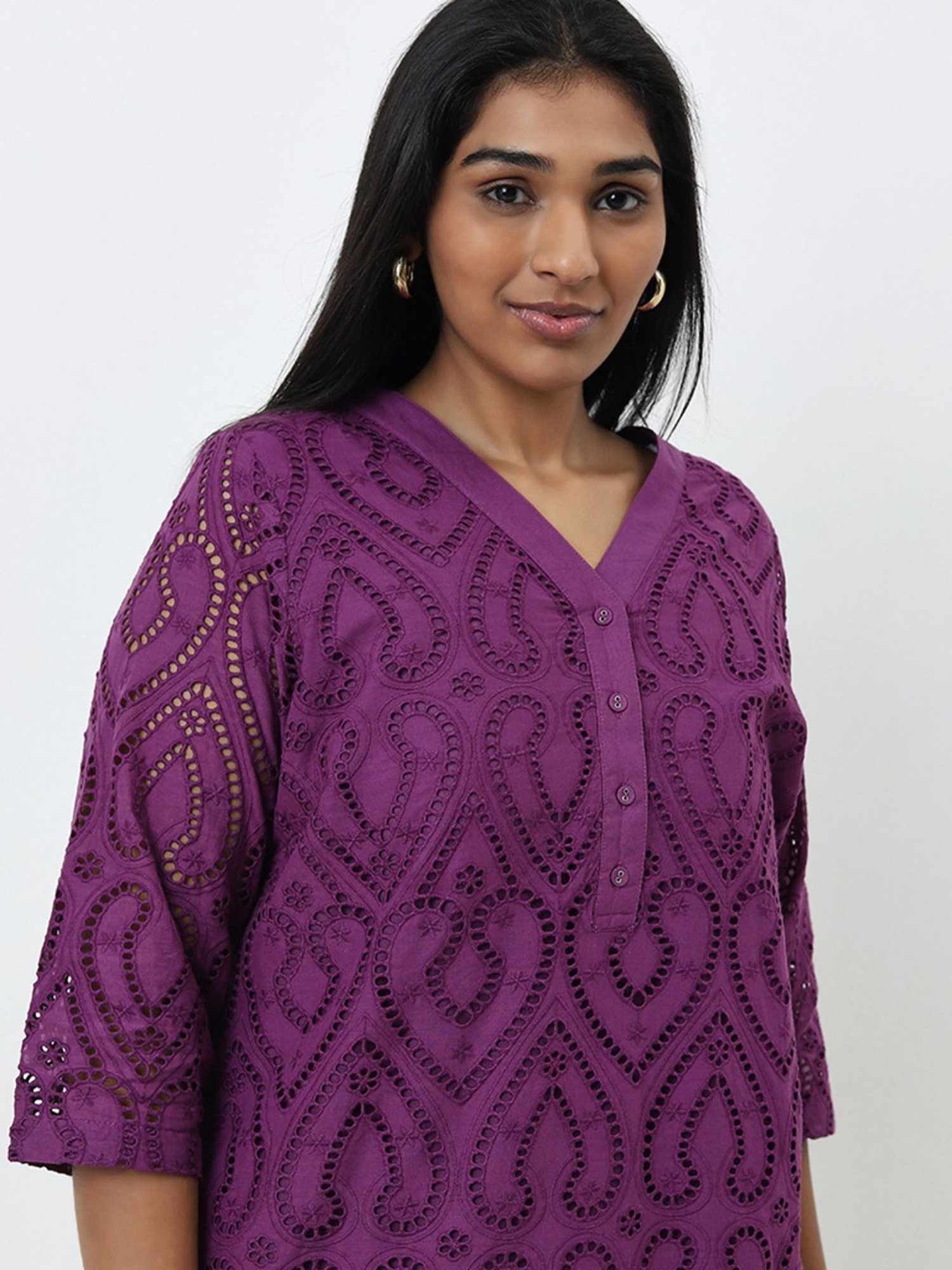 Diza by Westside Purple Schiffli Design A-Line Cotton Kurta