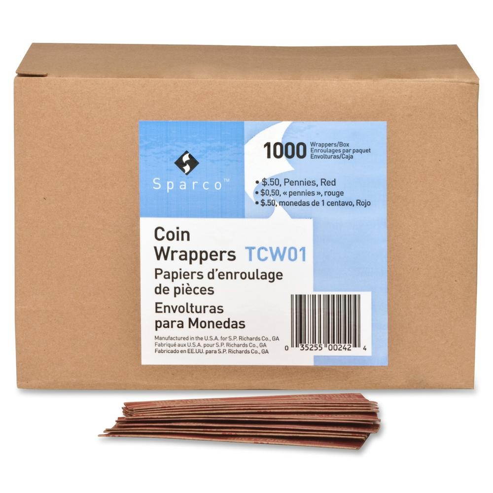 Sparco Products TCW01 Coin Wrapper, 60 lb., Pennies, .50, 1000/BX, Red SPRTCW01