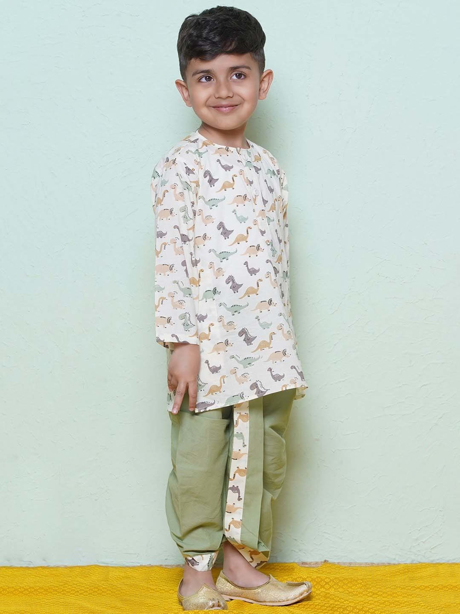 AJ Dezines Kids White & Pista Green Cotton Printed Full Sleeves Kurta Set
