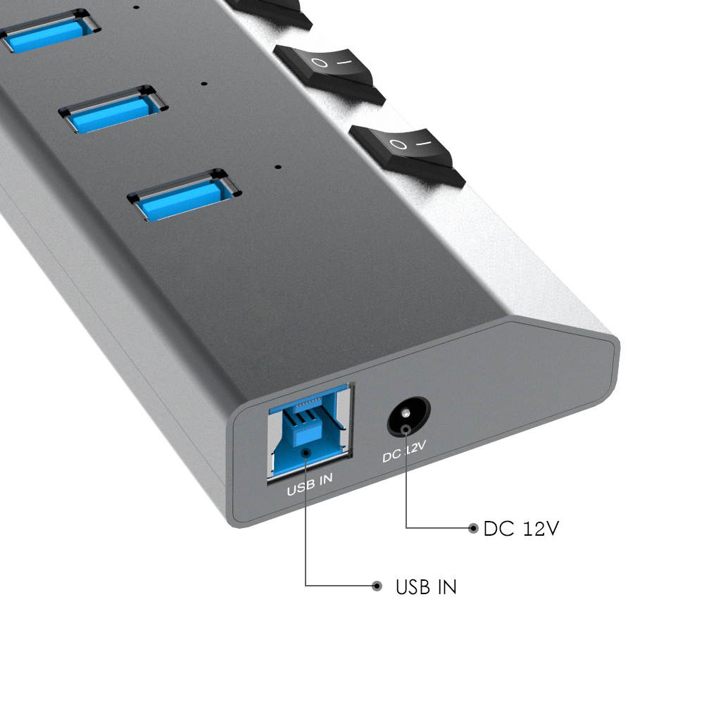 7-Port USB 3.0 Superspeed Hub with 48W Power Adapter, On/Off Switches with BC 1.2 Charging  up to 5V/2.4A per port Support for Macbook, iPad, iPhone, Laptops, Tablets, Mobile HDD and more