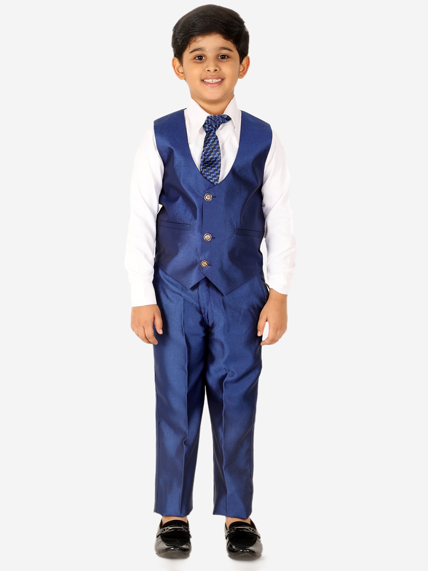 Fourfolds Boys Blue & White Solid Full Sleeves Suit Set